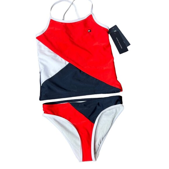 NWT‎ Tommy Hilfiger Girls Tankini 2 Piece Swimsuit Red White Blue Colorblock M - Picture 1 of 11
